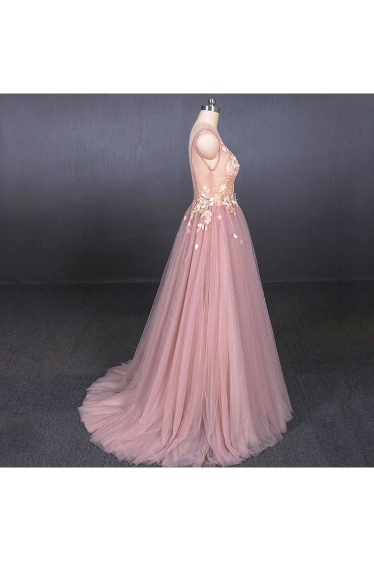 Robe de bal sans manches en tulle et encolure en V avec appliques, Une robe de soirée en tulle