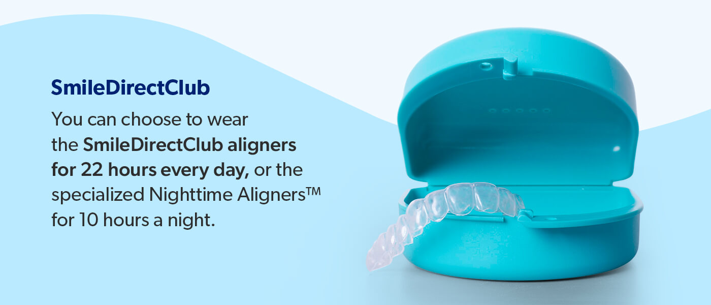 SmileDirectClub aligners are worn for 22 hours a day of have specialized Nighttime Aligners for