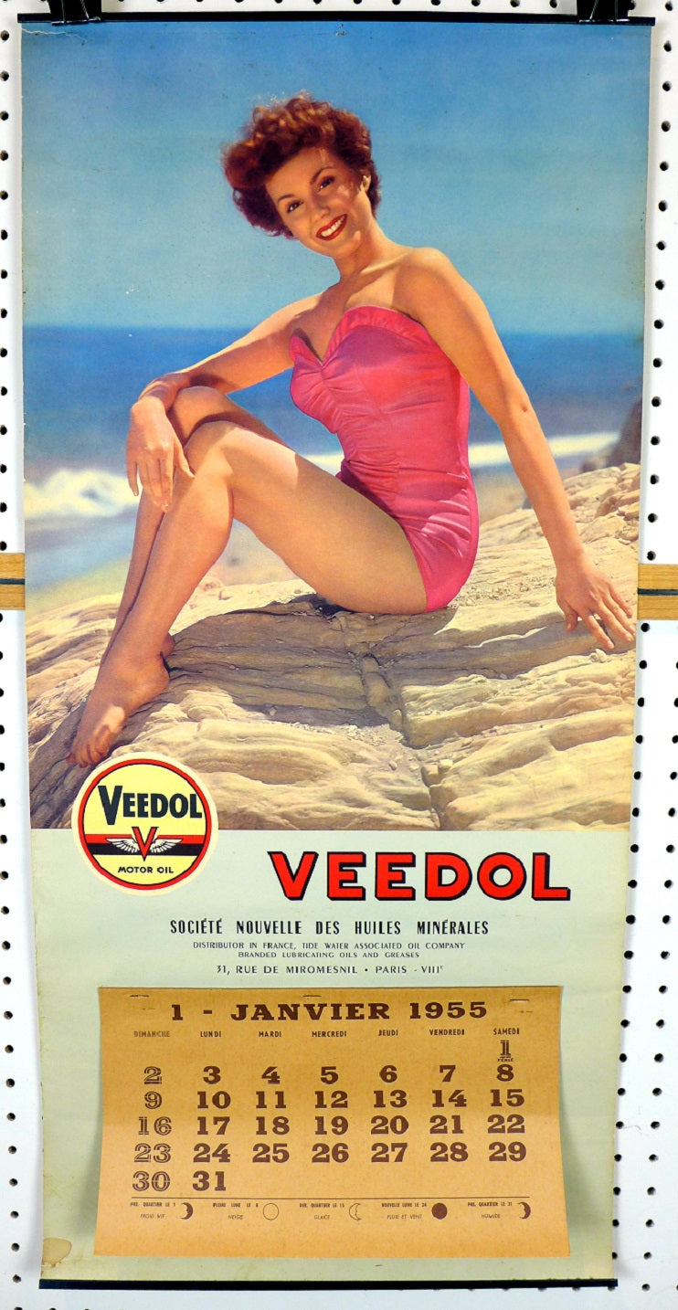 ANCIENNE AFFICHE HUILE VEEDOL 1958 Pin Up calendrier vintage déco