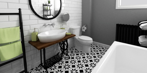 retro black and white tiles on bathroom floor