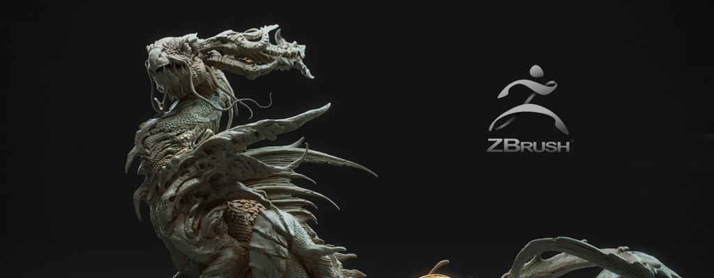 Visual display of ZBrush interface featuring a highly detailed digital sculpture of a fantasy character with intricate textures and dynamic poses.