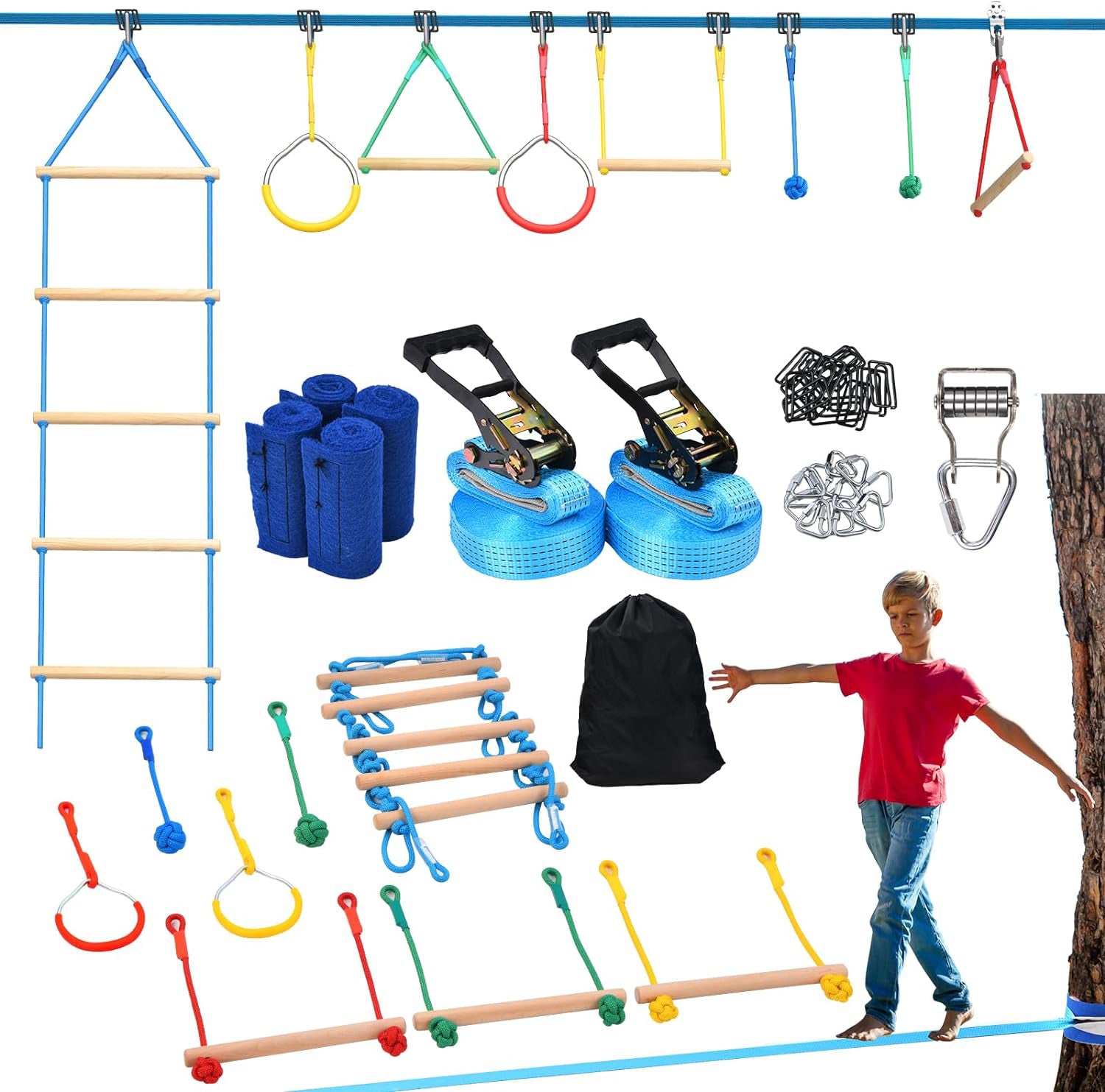 2X50ft Ninja Warrior Obstacle Course for Kids with Pulley