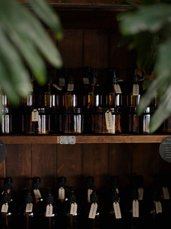 Refillable amber-coloured glass bottles and jars.