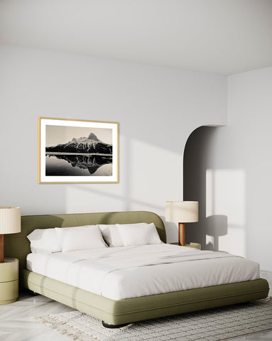what wall art for bedroom?  Mountain framed above bed