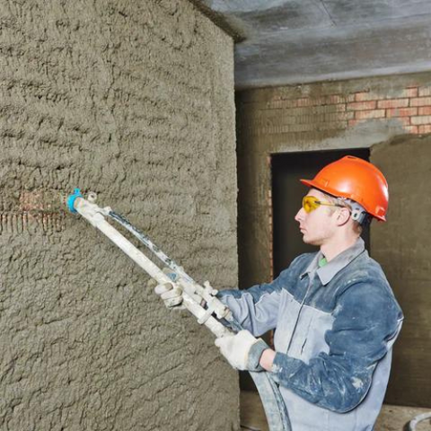 ein Mann verputzt eine Wand und einen Mörtelschlauch mit Feinputzgerät