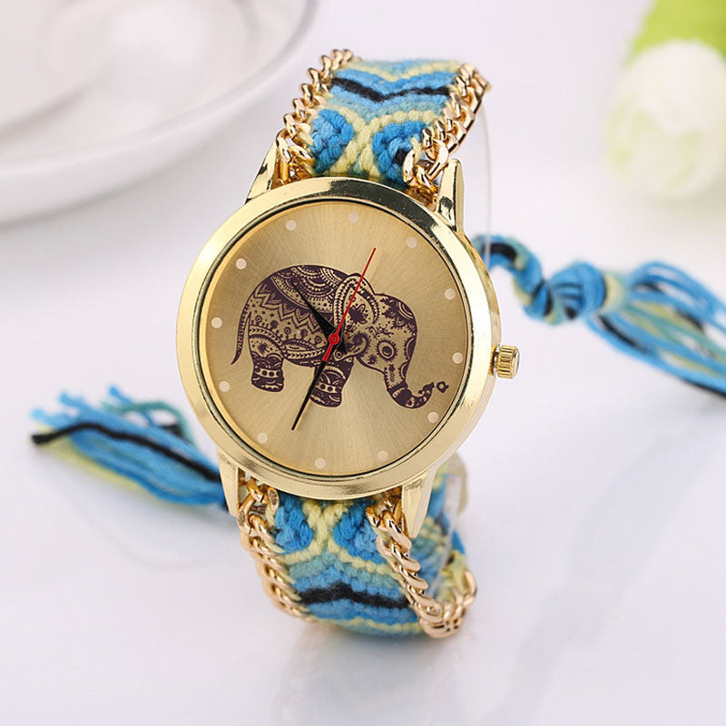 casual DIY Elephant Pattern Women Dress Watches National Weave Gold Bracelet montre Quartz Clock Rel