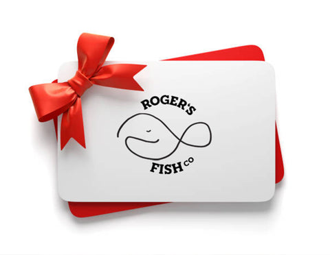 Roger's Fish Co gift card on top of red holder with red bow