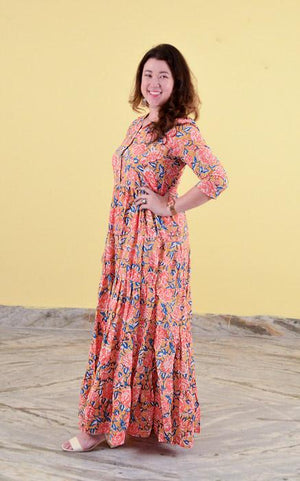 One Piece Long Dress Online In Block Printed Cotton Desert Rose Happee