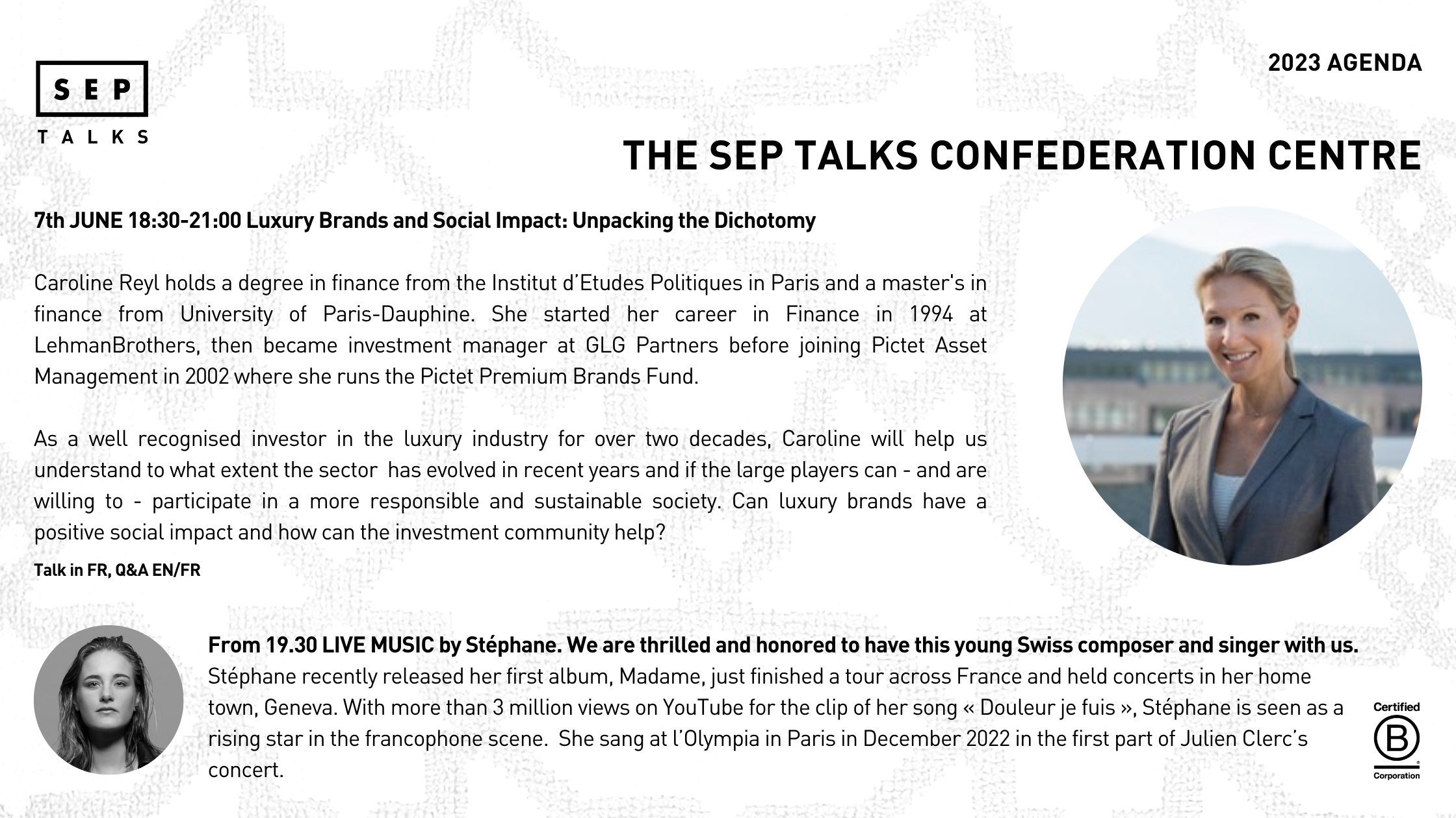 7th JUNE 18:30-21:00 Luxury Brands and Social Impact: Unpacking the Dichotomy  Caroline Reyl holds a degree in finance from the Institut d’Etudes Politiques in Paris and a master's in finance from University of Paris-Dauphine. She started her career in Finance in 1994 at LehmanBrothers, then became investment manager at GLG Partners before joining Pictet Asset Management in 2002 where she runs the Pictet Premium Brands Fund.   As a well recognised investor in the luxury industry for over two decades, Caroline will help us understand to what extent the sector  has evolved in recent years and if the large players can - and are willing to - participate in a more responsible and sustainable society. Can luxury brands have a positive social impact and how can the investment community help?