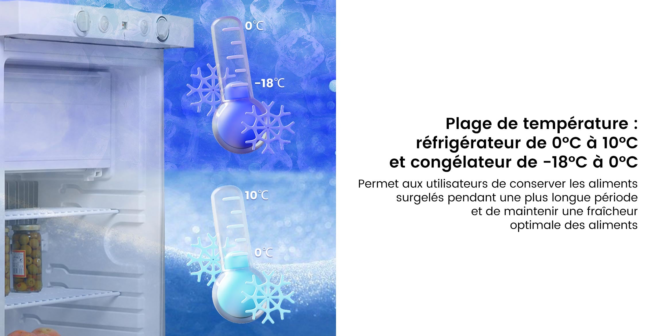 DSG-100L Plage de température  réfrigérateur de 0°C à 10°C et congélateur de -18°C à 0°C