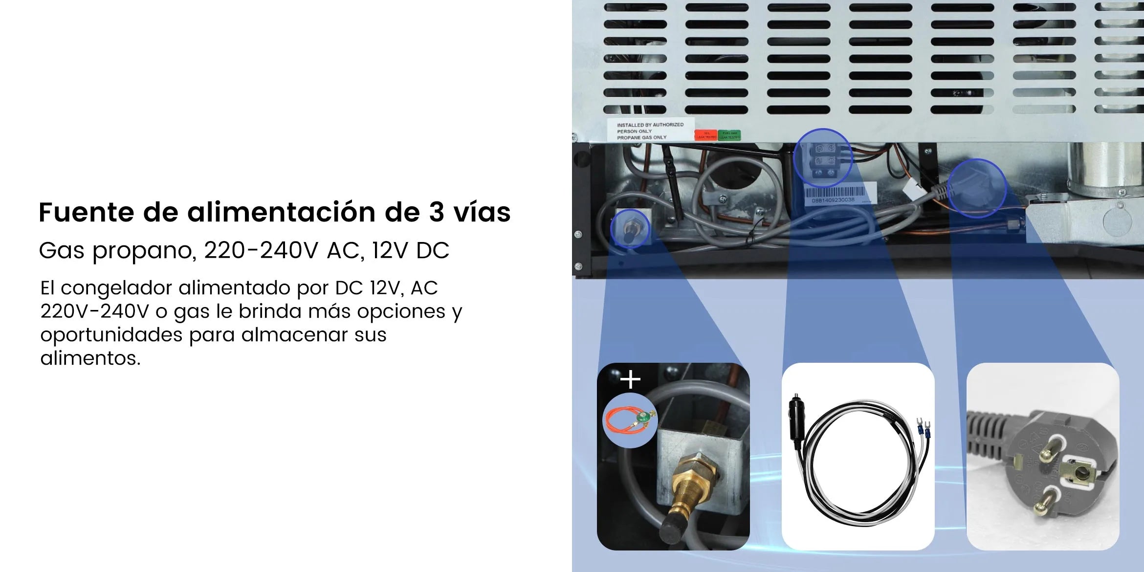 DSG-70B1E Fuente de alimentación de 3 vías Gas propano, 220-240V AC, 12V DC