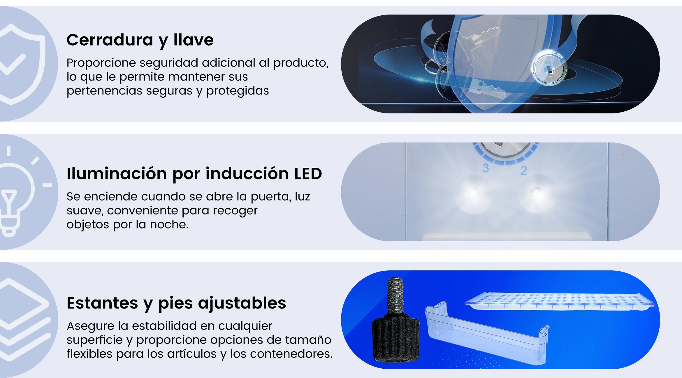 DSX-30L Cerradura y llave,seguras y protegidas,Estantes y pies ajustables