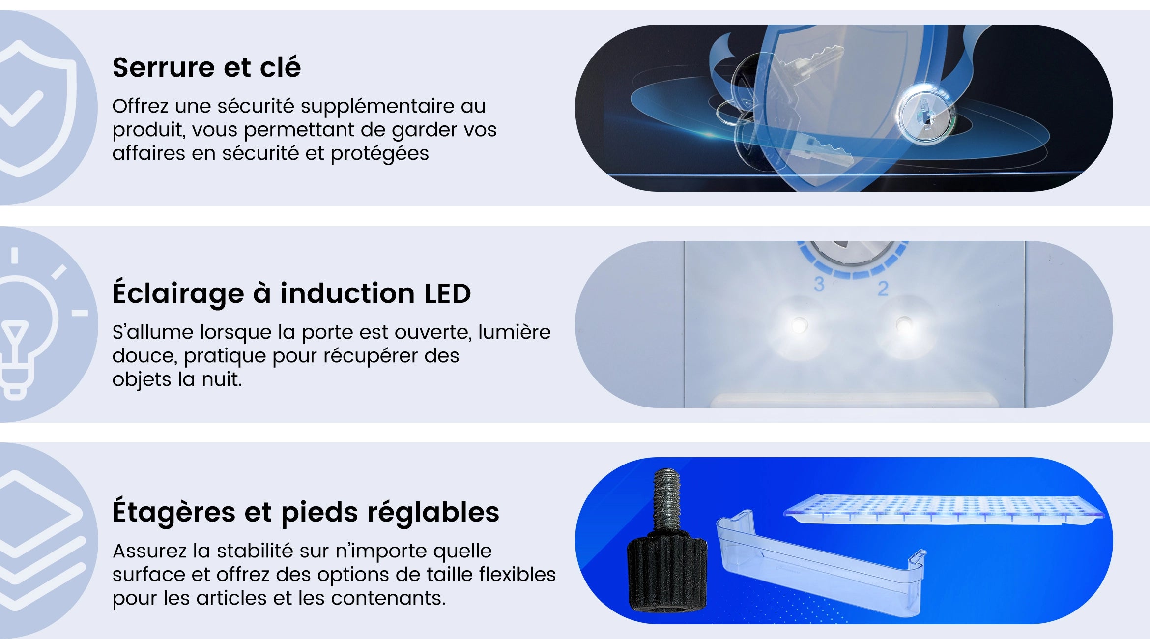 DSX-30L Serrure et clé,Éclairage à induction LED,Étagères et pieds réglables