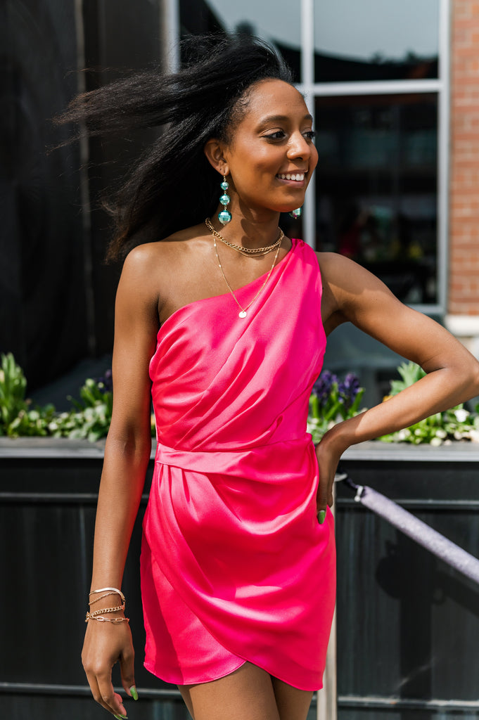 Hot Pink Satin One-Shoulder Dress Design by Deme by Gabriella at Pernia's  Pop Up Shop 2024