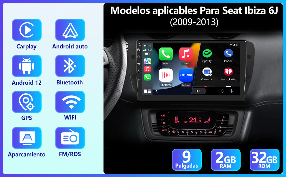 AWESAFE [Android 12.0 2GB+32GB] Radio Coche Seat Ibiza 6J 2009-2013,  Autoradio de 9 Pulgadas Pantalla Táctil,con  WiFi/GPS/Bluetooth/DSP/RDS/USB/FM/24Temas, Apoyo Mandos Volante,  Carplay/Android Auto : : Electrónica