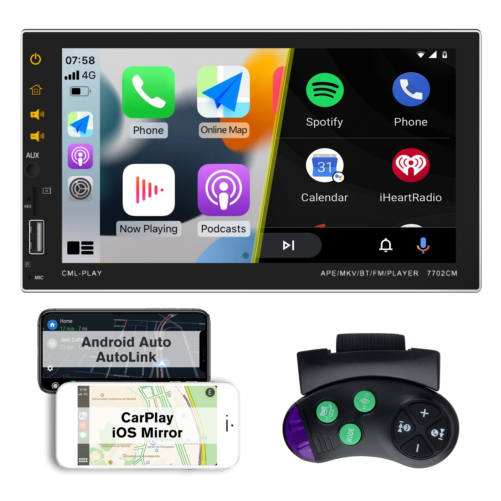 Autoradio simple Din 7 pouces Auto CarPlay FM USB AUX BT EQ écran