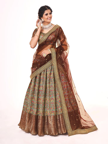 Grey and Brown Floral Printed Banarasi Silk Lehenga Choli with Weaving Work and Half Saree Design