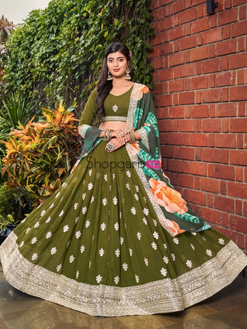 Mehendi Green Floral Embroidered Georgette Lehenga Choli