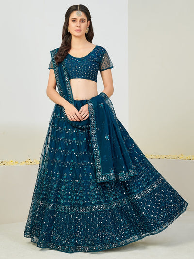 Buy Blue Lehenga & Crop Top Set with Long Cape Sleeve and Embroidery work