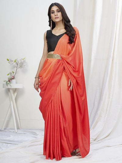 Buy Devastating Orange & Black Satin Silk Plain Party Wear Saree | Lehenga- Saree