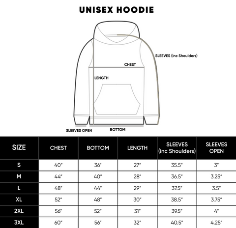 unisex hoodie size guide