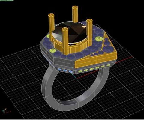 Three quarter view of CAD rendering for one of a kind ring design.