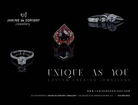 ad for Janine jewels fine jewellery. Showcasing three rings on black background. Middle ring is heart shaped fully paved. Top right ring is a diamond wedding set. ring on bottom left is a diamond engagement ring.