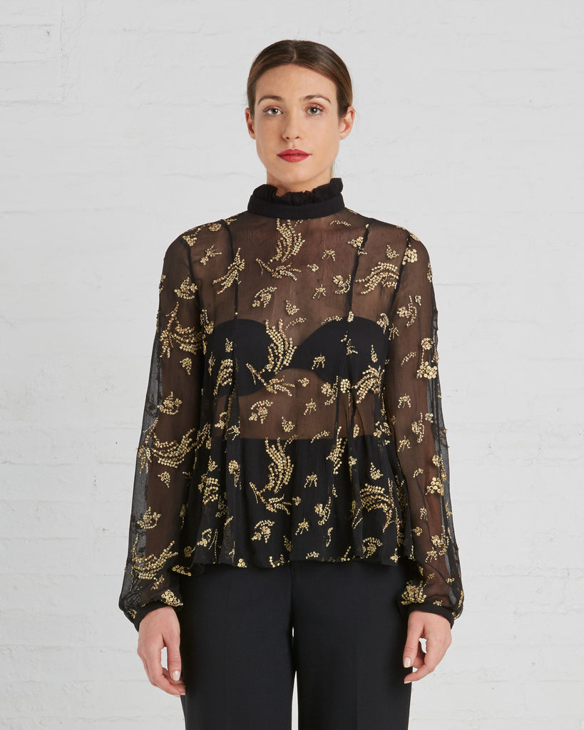 Suno Black Silk Chiffon Blouse with Gold Floral Embroidery – SAANS