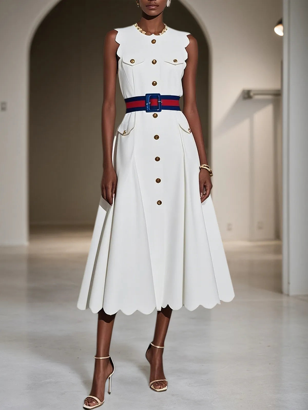 White Buckle Classic Crew Neck Sleeveless A-Line Midi Dress