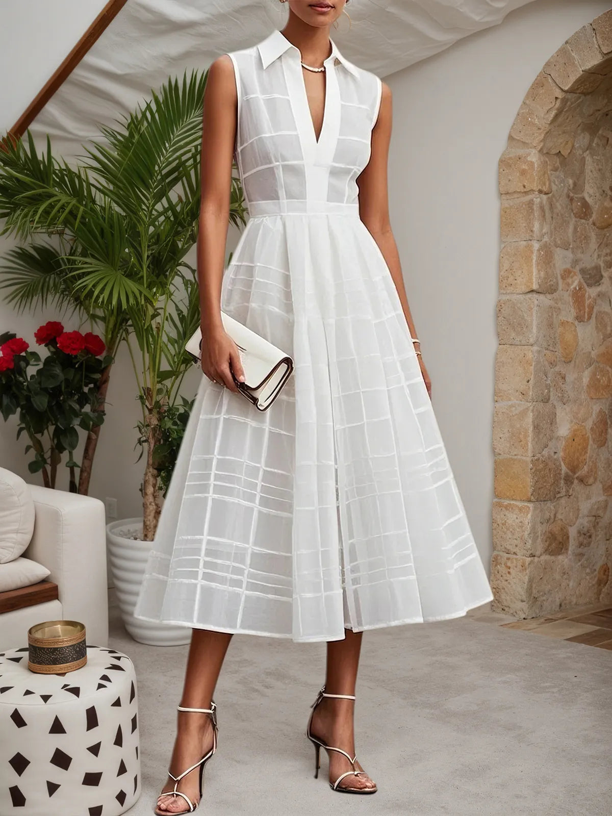 White Shirt Dress Shirt Collar Sleeveless A-Line Midi Dress