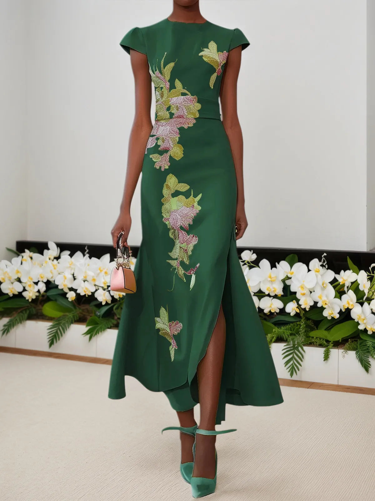 Dark Green Floral Embroidered Cap Sleeve Slit A-Line Maxi Dress