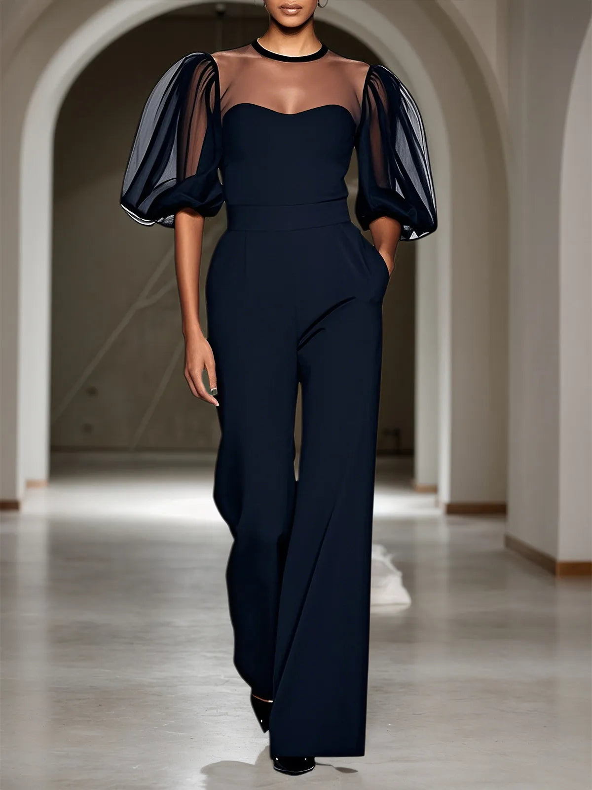 Black Puff Sleeve Crew Neck Jumpsuit