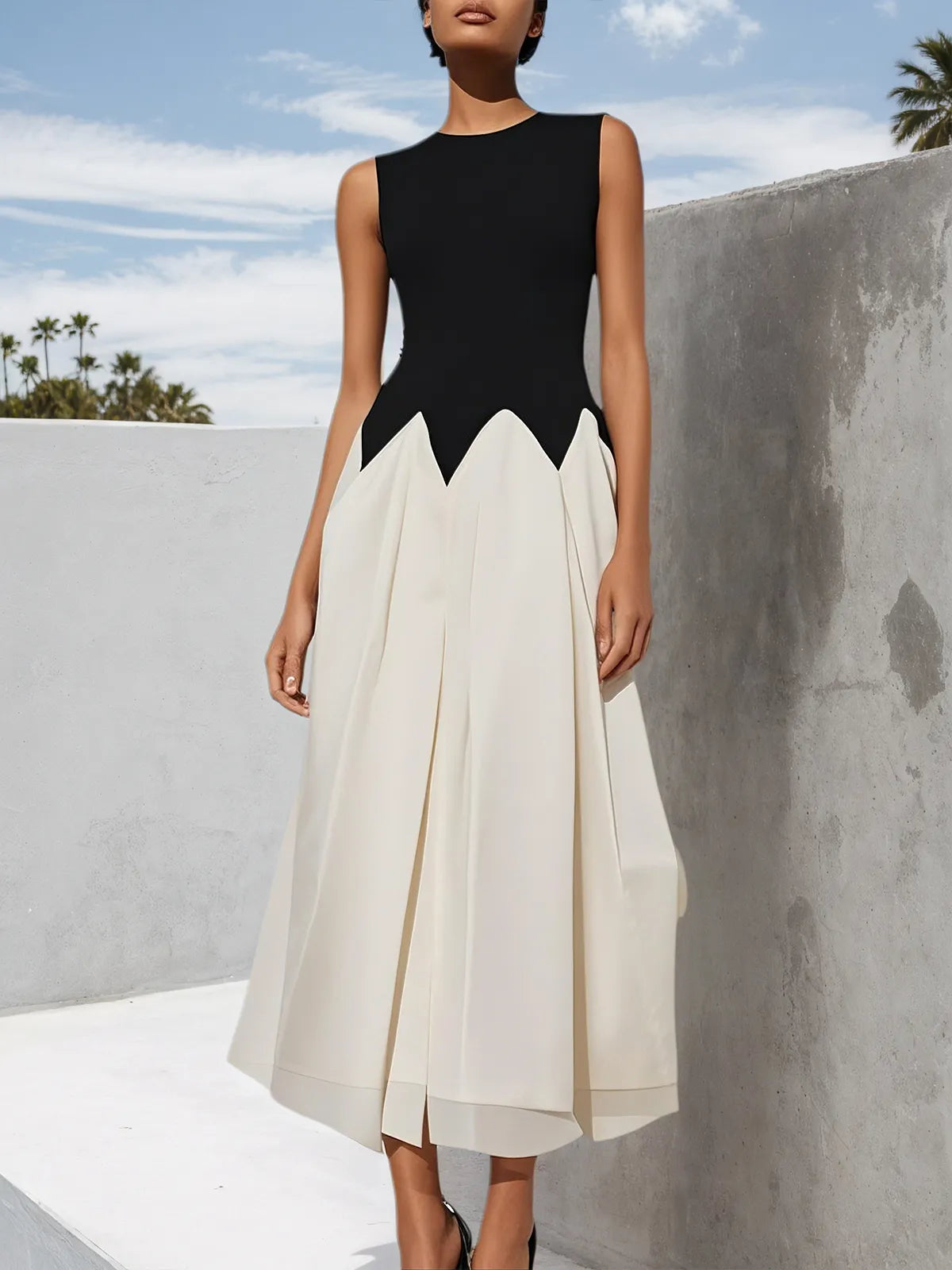 Black Split Joint Crew Neck Sleeveless A-Line Midi Dress