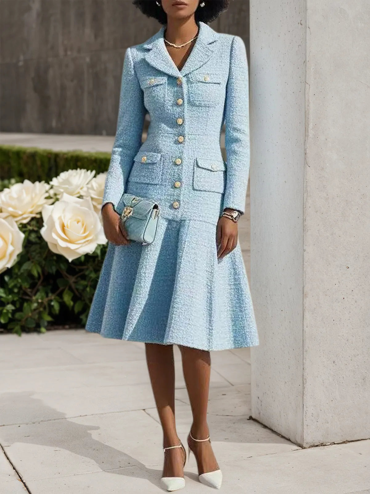 Light Blue Lapel Collar Pocket A-Line Midi Tweed Blazer Dress