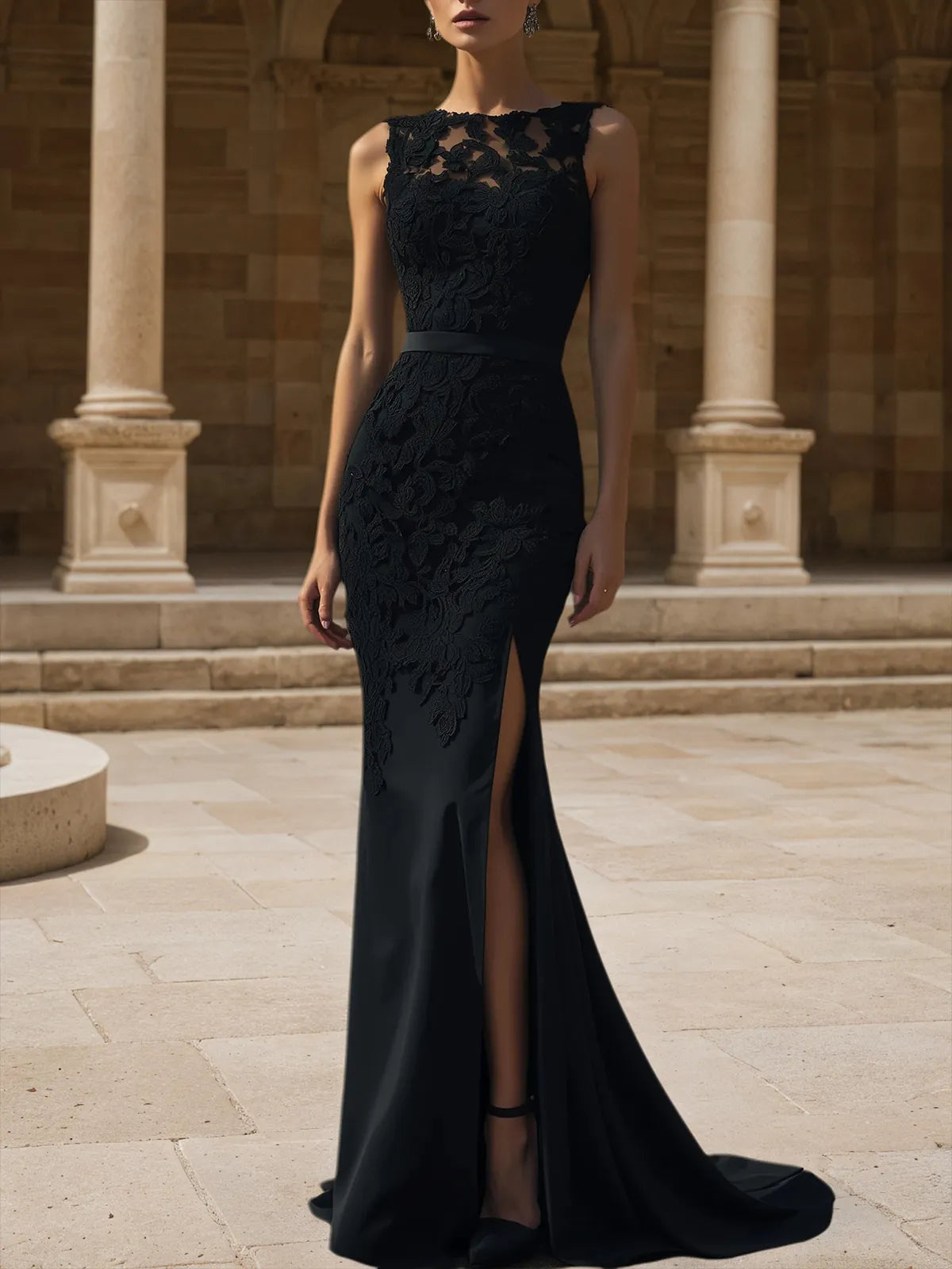 Black Lace Split Joint Classic Boat Neck Sleeveless Mermaid Gown Dress
