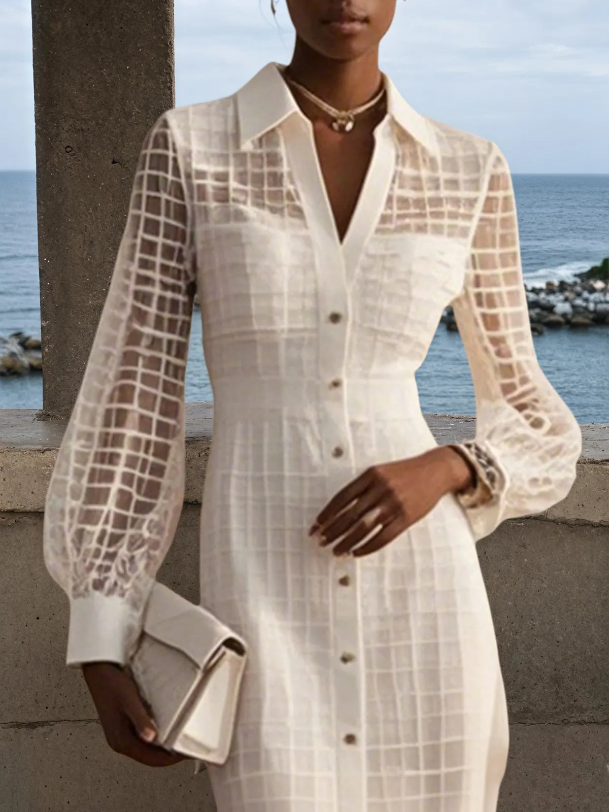 White Shirt Dress Shirt Collar Long Sleeve Balloon Sleeve Sheath Midi Dress