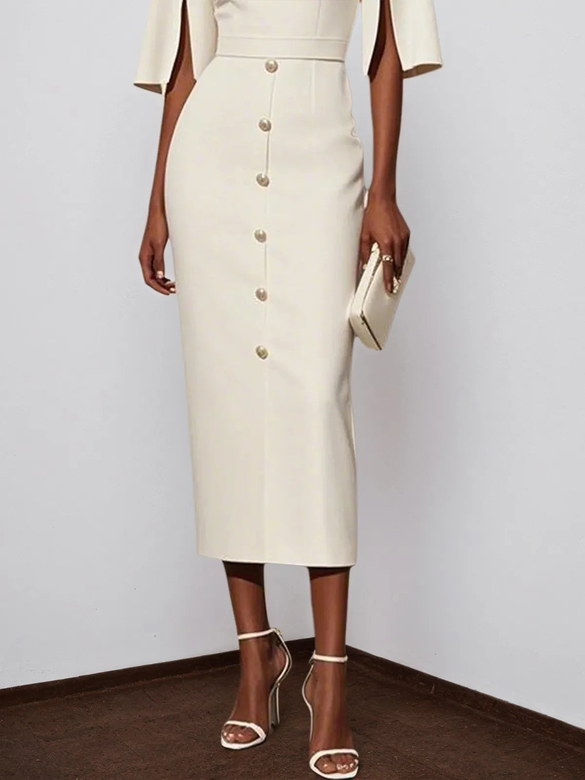 White Buckle Classic Crew Neck Short Sleeve Sheath Midi Dress
