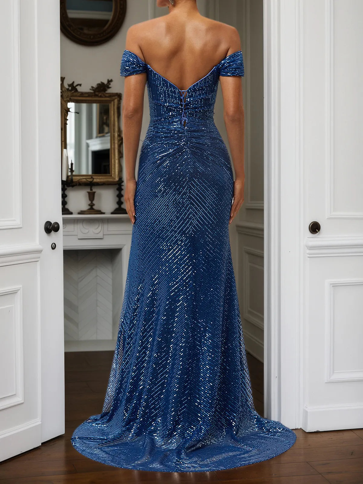Blue Ruched Slit Sequin Off The Shoulder Short Sleeve Sheath Gown