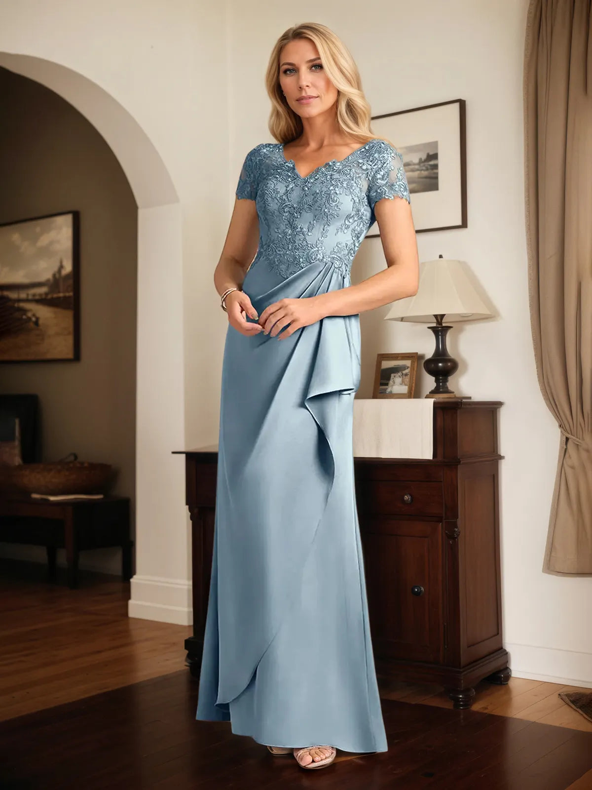 A Line Satin V Neck Short Sleeve Floor Length Dress With Appliques