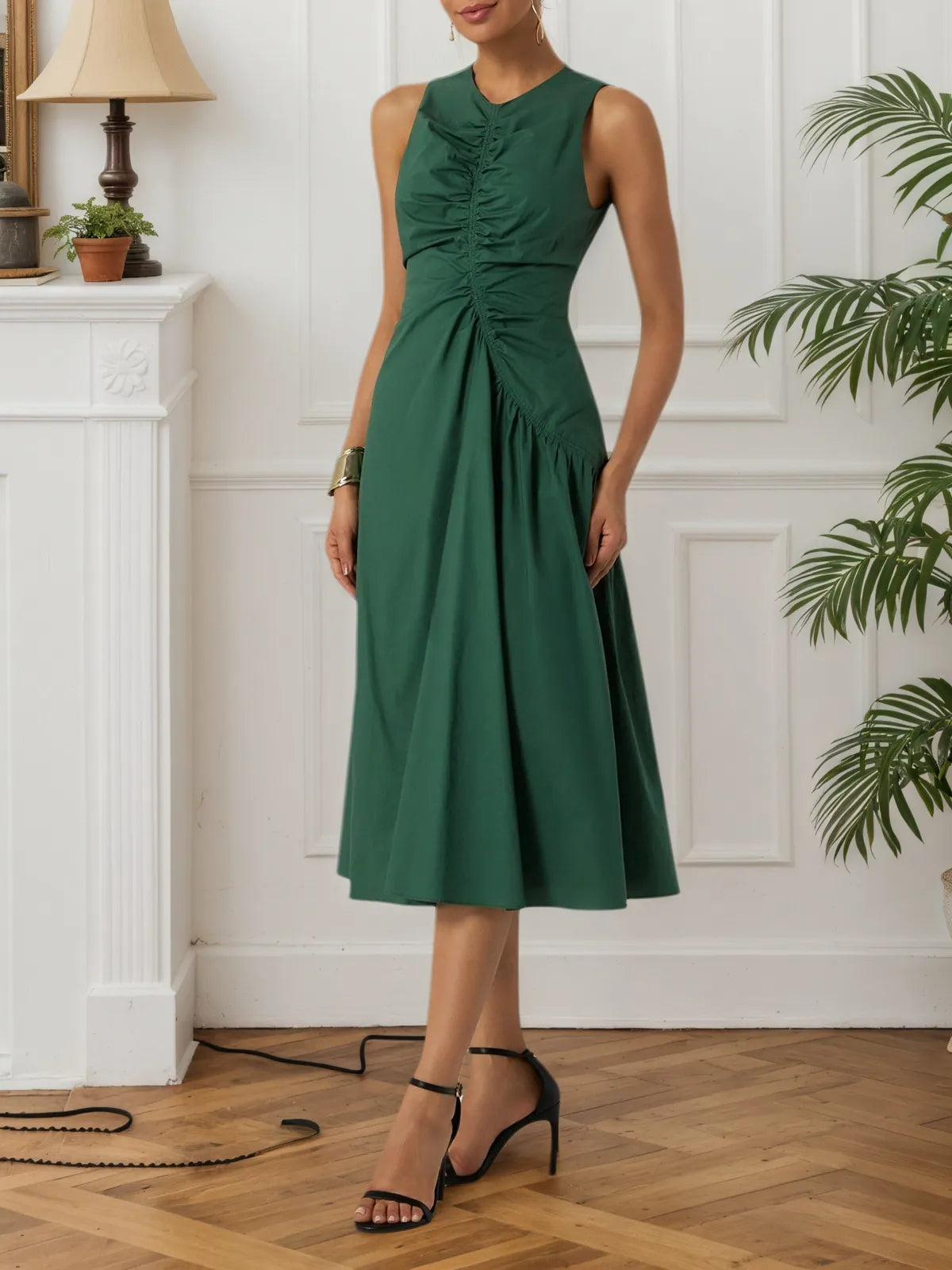 Green Shirred Cotton Crew Neck Sleeveless A-Line Midi Dress