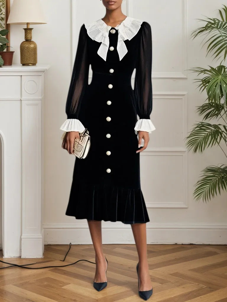 Black Split Joint Ruffled Mermaid Midi Velvet Dress