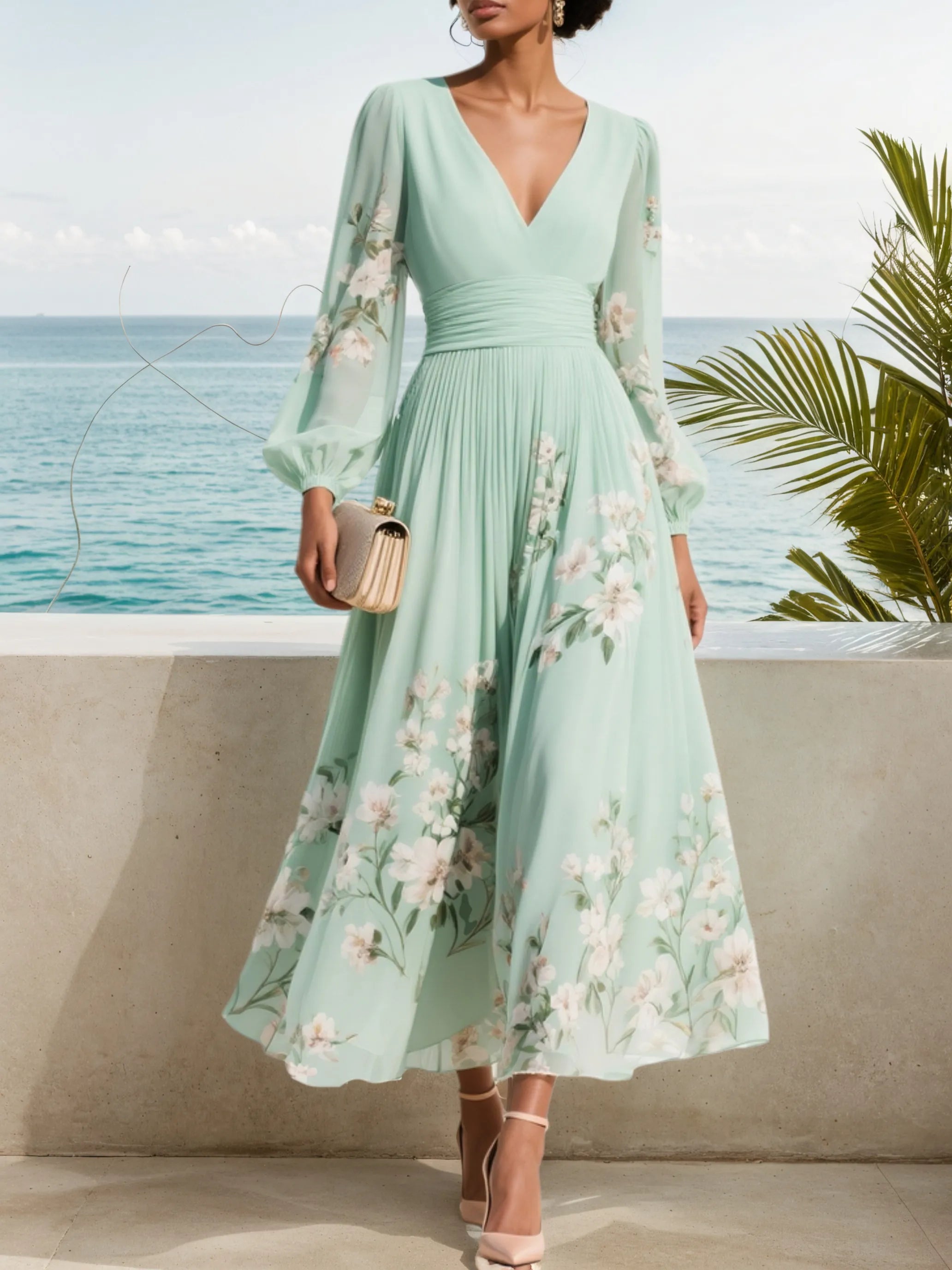 Light Green Ruched Floral Chiffon V Neck Long Sleeve Balloon Sleeve A-Line Maxi Dress