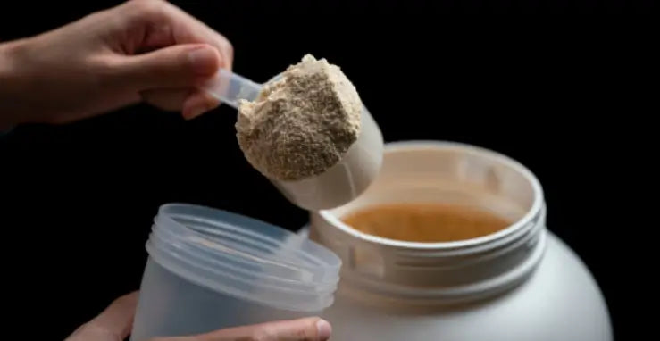 A scoop of plant protein powder being poured into a container, showing how to use it