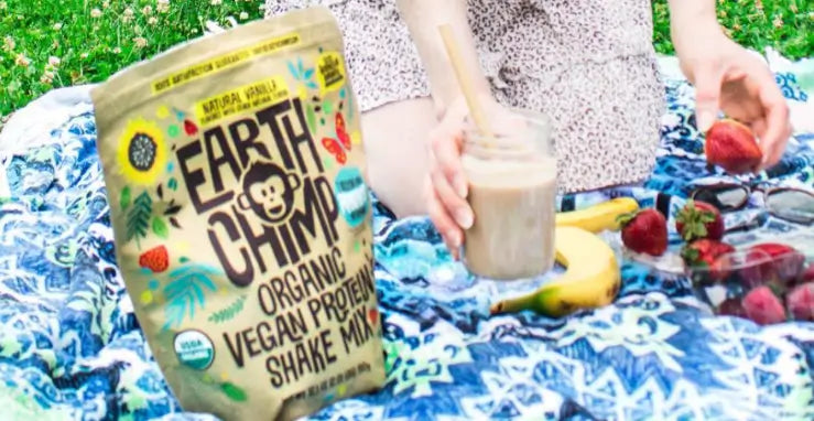 Package of Earth Chimp vegan protein with a shake, showing the benefits of plant-based protein powder