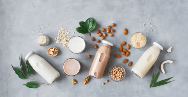 Variety of plant-based protein sources with shakes, posing the meal replacement question.