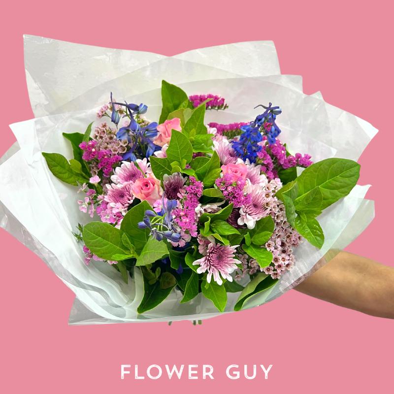 Jump for Joy Bouquet with seasons pink, lilac and purple flowers for Cape Town flower delivery 