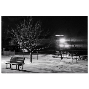 Train Passes a Wintery Park; Livingston, Montana Black & White Brushed Aluminum Print - James Bonner™