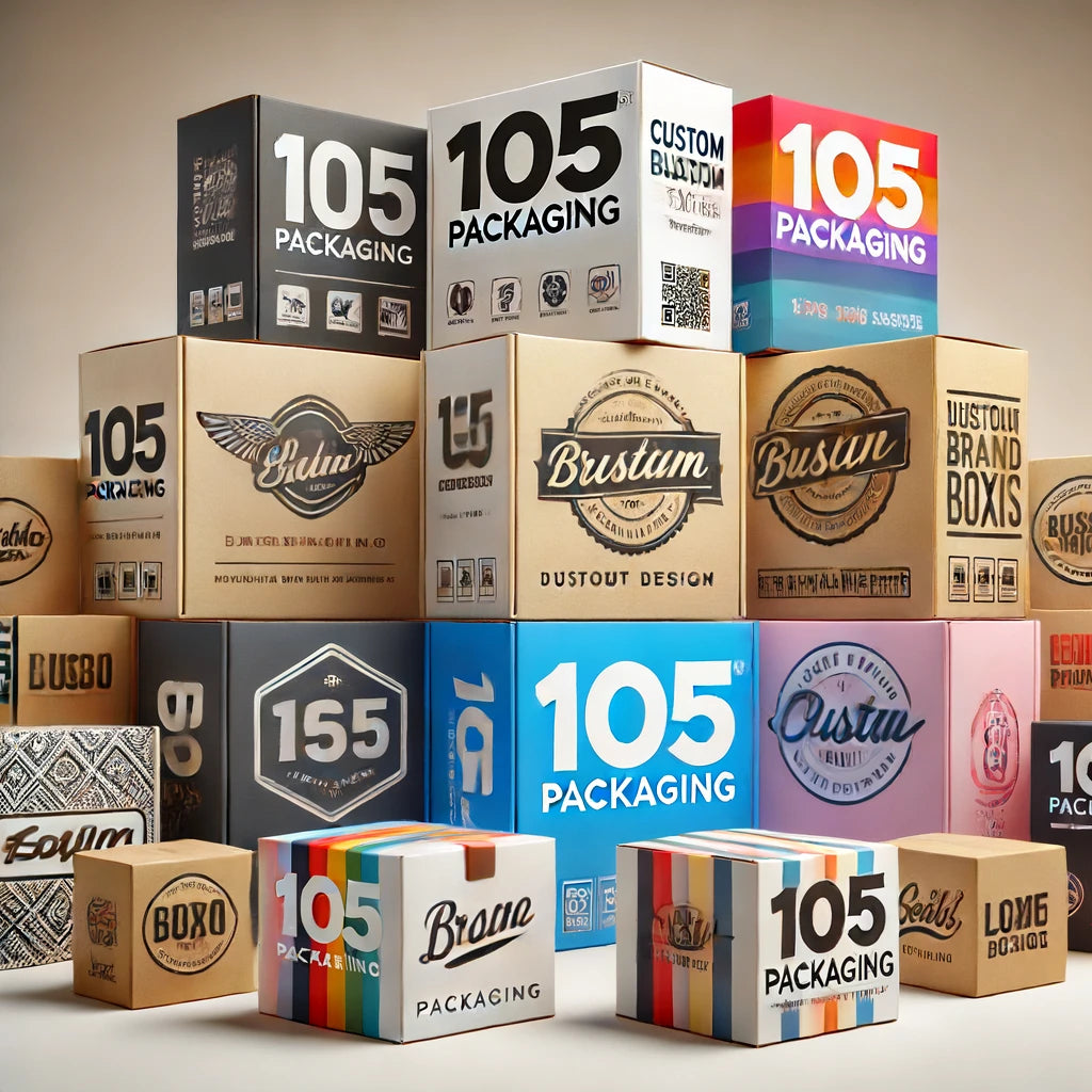 A variety of product packaging boxes stacked in a display, featuring diverse designs, colors, and branding such as "105 Packaging," "Brustu," and "Custom Box.