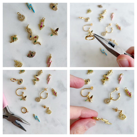 step by step explanation of small gold charms that you can make yourself on an earring