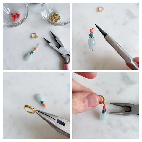 make your own earrings with semi-precious stones in the colors light blue, coral pink and gold
